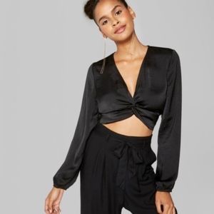 Silk black twist front crop top